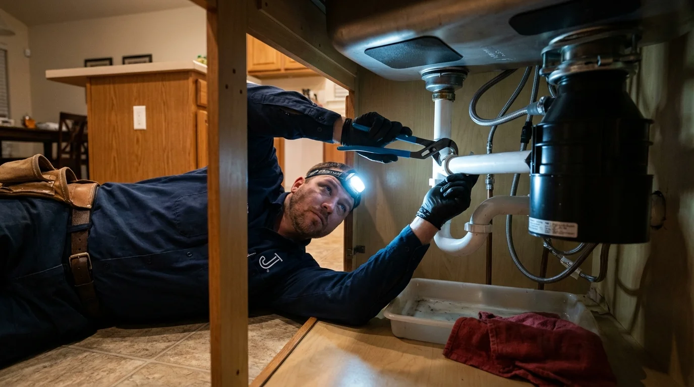 P-trap and supply line connections under a kitchen sink showing a common leak point in Benson, AZ